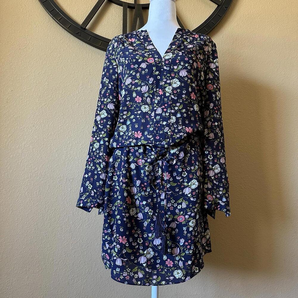 Rebecca Taylor Floral Long Sleeve Tie Waist Dress 100% Silk Navy Blue Womens 6